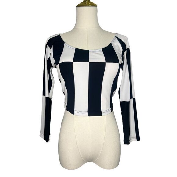 2B Bebe Women’s Small Checkered Crop Top Black & White Long Sleeve NEW - Picture 2 of 7